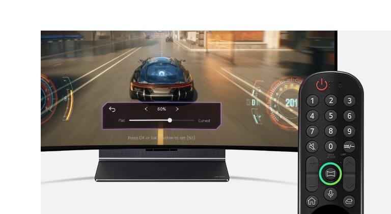 Una imagen de LG OLED Flex en su posición plana con un control remoto al frente. El botón de curvatura está resaltado en verde.