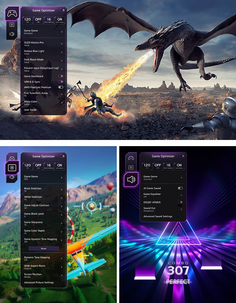 Configuraciones de juego, imagen y sonido que se muestran sobre el juego en tres imágenes diferentes.