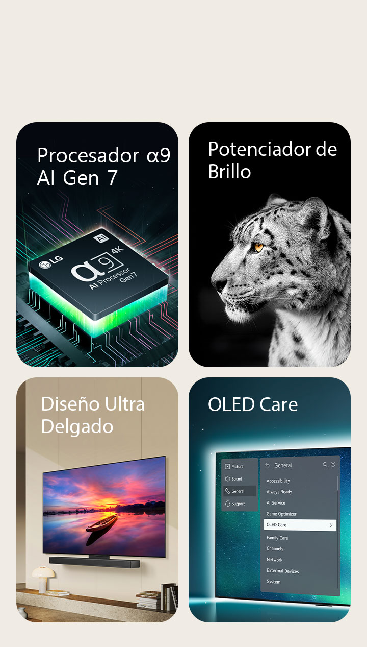 Una imagen del procesador AI Alpha 9 Gen7 encima de una placa base, emitiendo rayos de luz verdes.    Una imagen que muestra Brightness Booster con una cara lateral de un leopardo blanco. Una vista lateral del dispositivo ultradelgado y listo para la barra de sonido LG colocados contra la pared en un espacio moderno.                                                    Se selecciona una imagen del televisor OLED con el menú OLED Care en el menú de soporte que está en la pantalla.