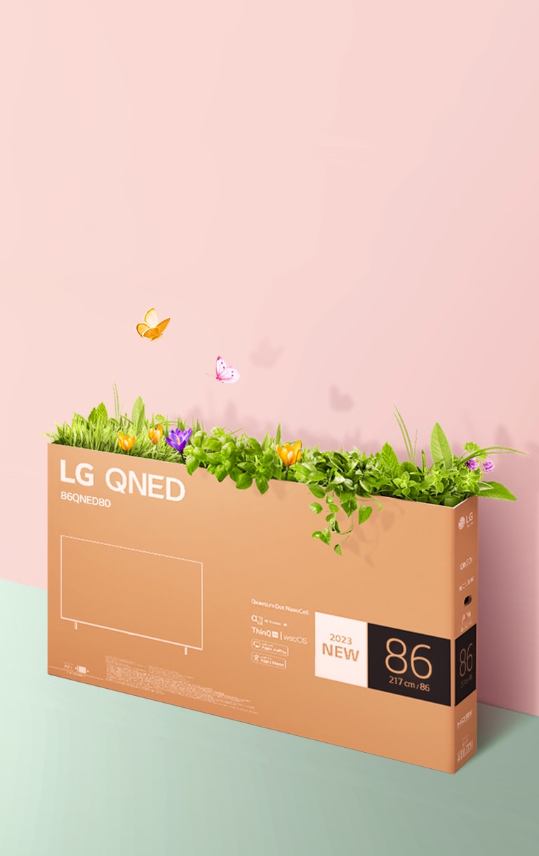 Una caja de embalaje QNED se coloca sobre fondo rosa, verde y hay hierba creciendo y mariposas que salen de su interior.