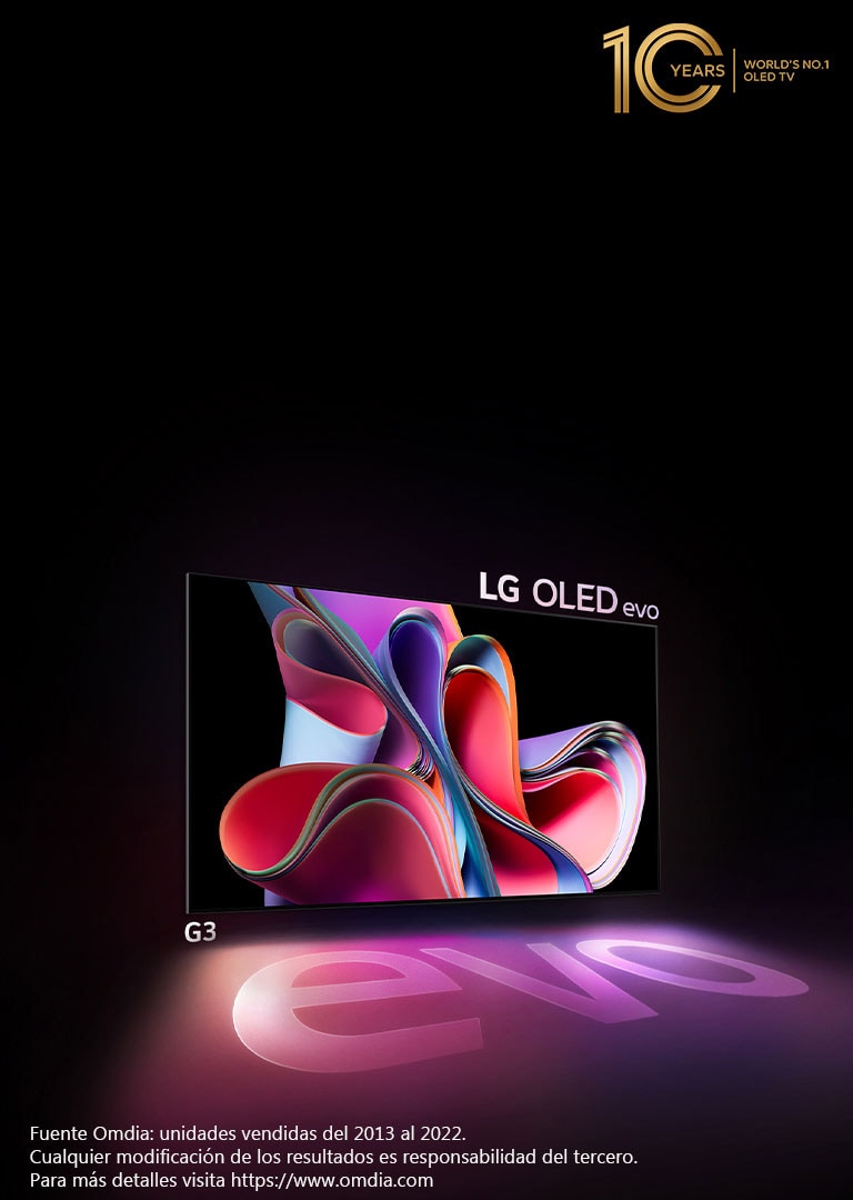 LG OLED G3 evo brilla intensamente en un espacio oscuro. Y en la parte superior derecha, hay un logotipo para celebrar el 10º aniversario de OLED.