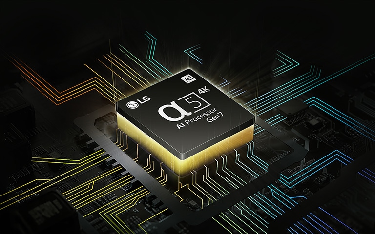 El procesador LG Alpha 5 AI 4K Gen 7 se muestra con una luz naranja que emana desde abajo, y y coloridas líneas de placa de circuito que se ramifican desde el procesador AI.