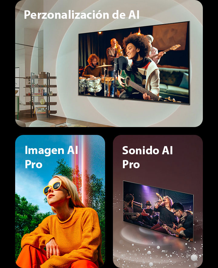 Televisor LG montado en una pared de una sala de estar con un guitarrista en la pantalla, como gráficos de círculos que representan ondas sonoras y las palabras "Personalización de IA" en la parte superior izquierda. Una mujer agachada afuera en un día soleado frente a los árboles y un cielo azul, y las palabras "AI Picture Pro" arriba a la izquierda. Televisor LG con burbujas y ondas sonoras que se emiten desde la pantalla y llenan el espacio, y la palabra "AI Sound Pro" en la parte superior izquierda.
