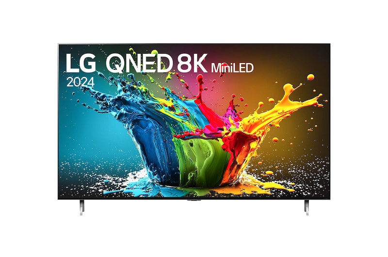 Vista frontal de LG QNED MiniLED QNED99 75QNED99TSA con texto de LG QNED MiniLED, 2024, y logo del programa webOS Re:New en la pantalla.