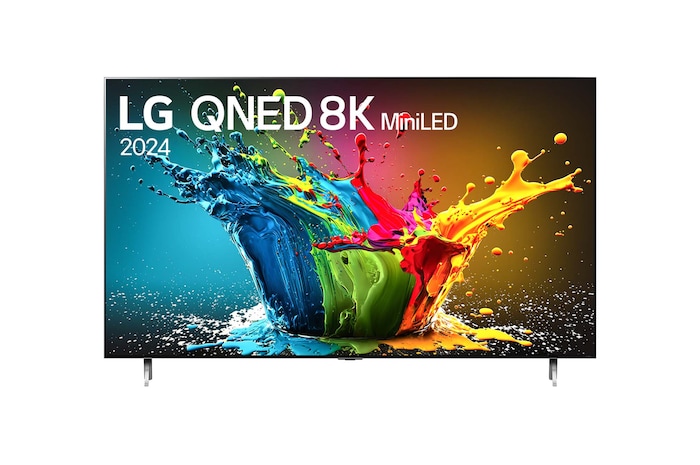 Vista frontal de LG QNED MiniLED QNED99 86QNED99TSA con texto de LG QNED MiniLED, 2024, y logo del programa webOS Re:New en la pantalla.