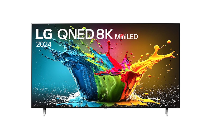 Vista frontal de LG QNED MiniLED QNED99 86QNED99TSA con texto de LG QNED MiniLED, 2024, y logo del programa webOS Re:New en la pantalla.