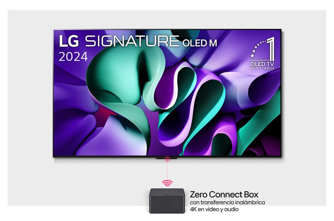 Vista frontal con el televisor LG OLED evo M4 SIGNATURE OLED97M4PSA en un soporte, emblema de 11 años como la marca número 1 del mundo en OLED, logo del programa webOS Re:New, y una caja Zero Connect con transferencia de video y audio 4K inalámbrica conectada a un televisor, y una señal Wi-Fi saliendo de la caja.