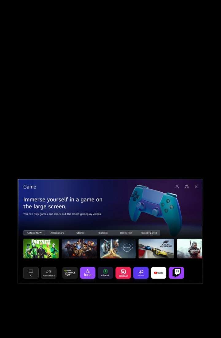 Un cursor hace clic en Deportes y la pantalla se desvanece en una página de inicio de Deportes con el texto "Registra tu equipo/jugador favorito para obtener más información sobre la clasificación de la liga, horarios de juegos o cualquier otra actualización" y "Lista de ligas populares". Cinco miniaturas están etiquetadas como Fútbol, ​​Baloncesto, Béisbol, Cricket y Hockey sobre hielo. La pantalla retrocede, el cursor hace clic en Juego y la pantalla aparece en la página de inicio de un Juego con el texto "Sumérgete en un juego en la pantalla grande. Puedes jugar y ver los últimos videos de juegos". La imagen muestra botones etiquetados como Geforce NOW, Amazon Luna, Utomik, Blacknut, Boosteroid y Recientemente reproducidos. Se muestran los siguientes logotipos: GeForce Now, Amazon Luna, Utomik, Blacknut, Boosteroid, YouTube y Twitch.