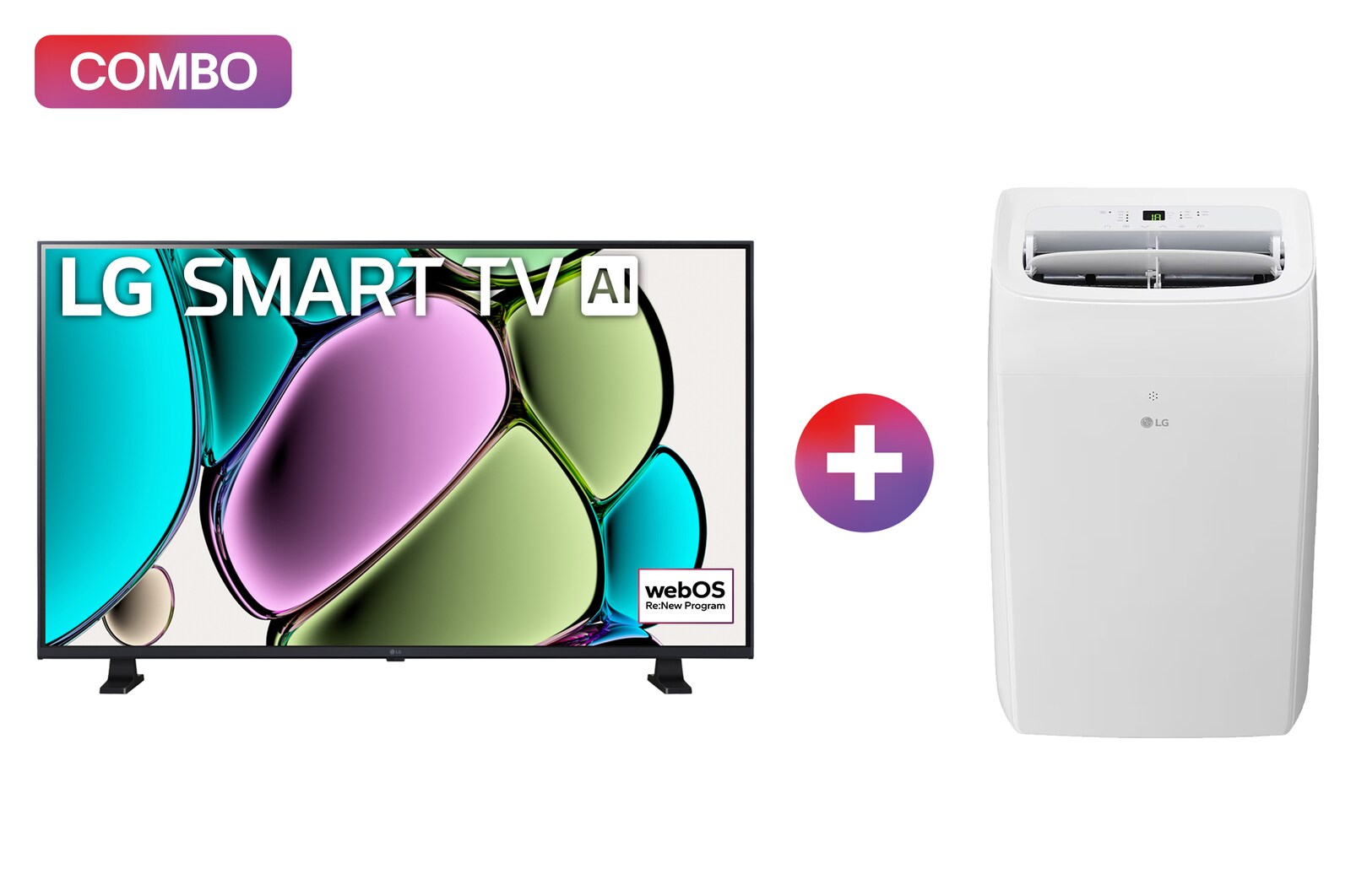 Vista frontal de Pantalla LG AI SMART TV LR65 32 pulgadas SMART TV 2024 ThinQ AI + LG AC Portátil, 1 Ton, Frío y Calor (Voltaje 115V / 60HZ) 32LR650OB.LP1425