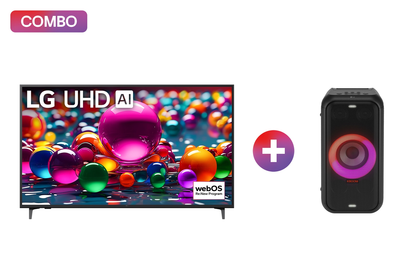 Vista frontal de Pantalla 55 pulgadas LG UHD AI UA75 4K SMART TV 2025 + LG XBOOM XL5T bocina bluetooth con sonido de fiesta de 200 W 55UA7500OB.XL5T