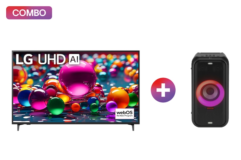 Vista frontal de Pantalla 55 pulgadas LG UHD AI UA75 4K SMART TV 2025 + LG XBOOM XL5T bocina bluetooth con sonido de fiesta de 200 W 55UA7500OB.XL5T