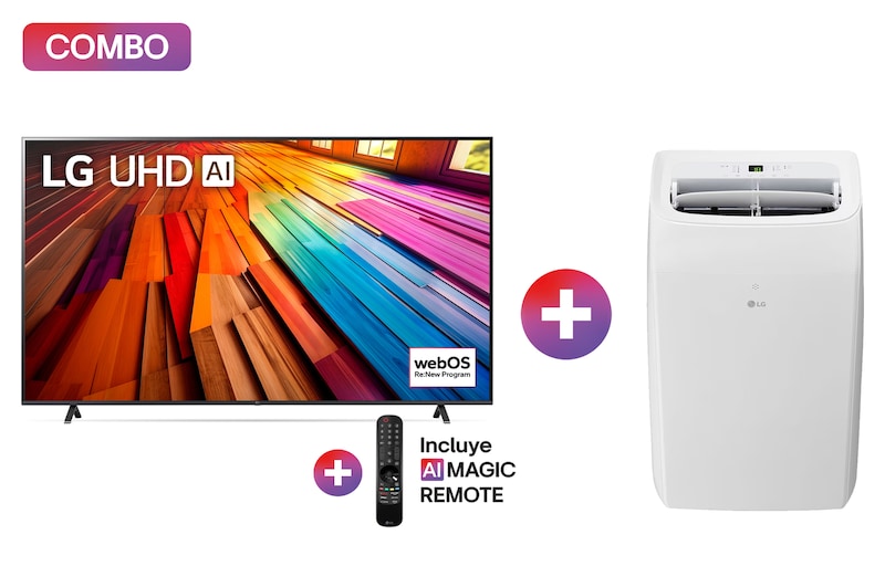 Vista frontal de Pantalla LG AI UHD UT80 86 pulgadas 4K SMART TV 2024 ThinQ AI + LG AC Portátil, 1 Ton, Frío y Calor (Voltaje 115V / 60HZ) 86UT8050OB.LP1425