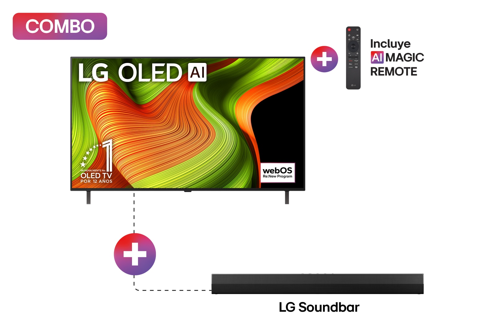 Vista frontal de Pantalla 55 pulgadas LG AI OLED B5 4K Smart TV 2025 + Barra de Sonido de Cine en Casa LG S20A con altavoces traseros Dolby Atmos de 2.0 canales 2025 OLED55B5OB.S20A