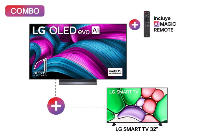 Vista frontal de la Pantalla 55 pulgadas LG AI OLED evo C5E 4K Smart TV 2025 + Pantalla 32 pulgadas LG AI Smart TV LR65 Smart TV 2024 ThinQ AI  