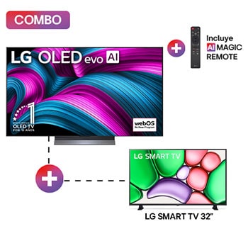 Vista frontal de Pantalla 55 pulgadas LG AI OLED evo C5E 4K Smart TV 2025 + Pantalla LG AI SMART TV LR65 32 pulgadas SMART TV 2024 ThinQ AI OLED55C5ESA.32LR65