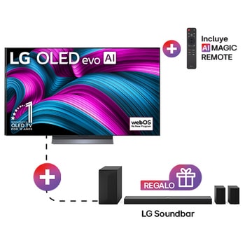 Vista frontal de la Pantalla 55 pulgadas LG AI OLED evo C5ESA 4K SMART TV 2025 + Barra de Sonido de Cine en Casa LG S70TR con altavoces traseros OLED55C5ESA