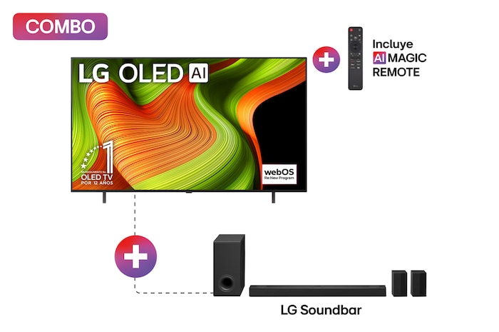 Vista frontal de la Pantalla 65 pulgadas LG AI OLED B5 4K Smart TV 2025 + 5.1.3 canales Barra de Sonido de Cine en Casa LG S80TR con Dolby Atmos y altavoces traseros 