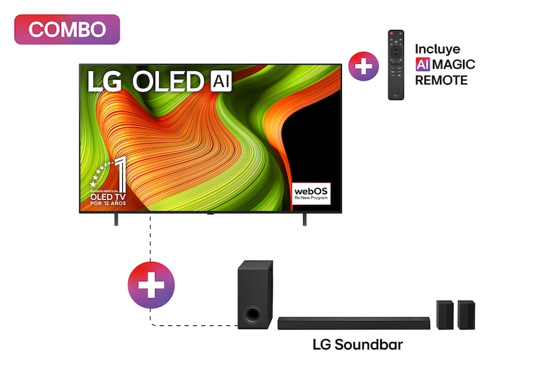 Vista frontal de Pantalla 65 pulgadas LG AI OLED B5 4K Smart TV 2025 + Soundbar de cine en casa LG de 5.1.3 canales con Dolby Atmos y altavoces traseros S80TR OLED65B5OB.S80TR
