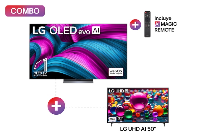 Vista frontal de la Pantalla 77 pulgadas LG AI OLED evo C5 4K Smart TV 2025 + Pantalla 50 pulgadas LG UHD AI UA75 4K SMART TV 2025 OLED77C5ESA