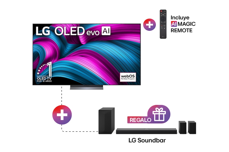Vista frontal de la Pantalla 75 pulgadas LG AI OLED evo C5E 4K Smart TV 2025 + 5.1.1 canales Barra de Sonido de Cine en Casa LG S70TR con Dolby Atmos y altavoces traseros 