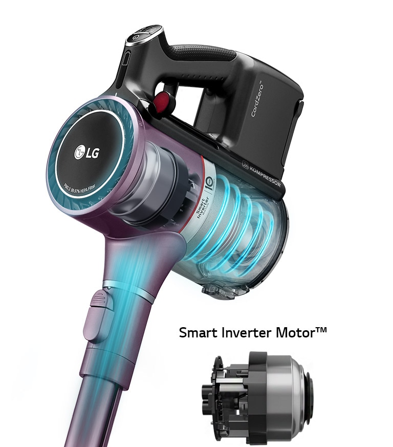 La imagen muestra el Motor Smart Inverter, Turbo Ciclón Axial y el cabezal transparente con el motor instalado.