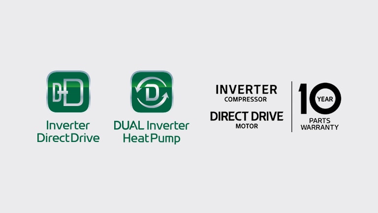Hay un logotipo de Inverter Direct Drive y un logotipo de garantía de 10 años