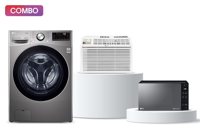 Vista frontal de Lavasecadora Carga Frontal AI DD™ 16Kg/8Kg + LG Tipo Ventana, 0.50 Ton, Frío, (Voltaje 115V / 60HZ) + Horno Microondas NeoChef™ 1.5 pies³ EasyClean WD16W051.MS1536