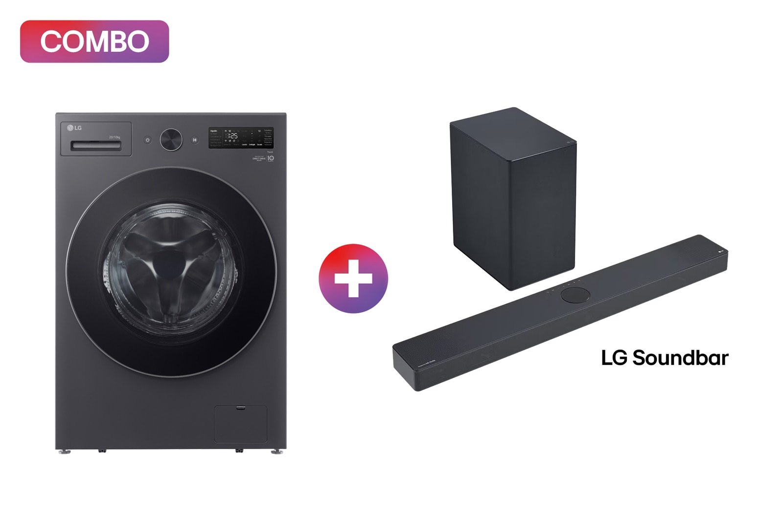 Vista frontal de Lavasecadora LG Carga Frontal AI DD™ (Inteligencia Artificial) - Capacidad 20kg / 10kg - Color Grafito + LG Soundbar | Barra de Sonido LG SC9S| 400W | 3.1.3 canales | Dolby Atmos WD20EGNTSOB.SC9S