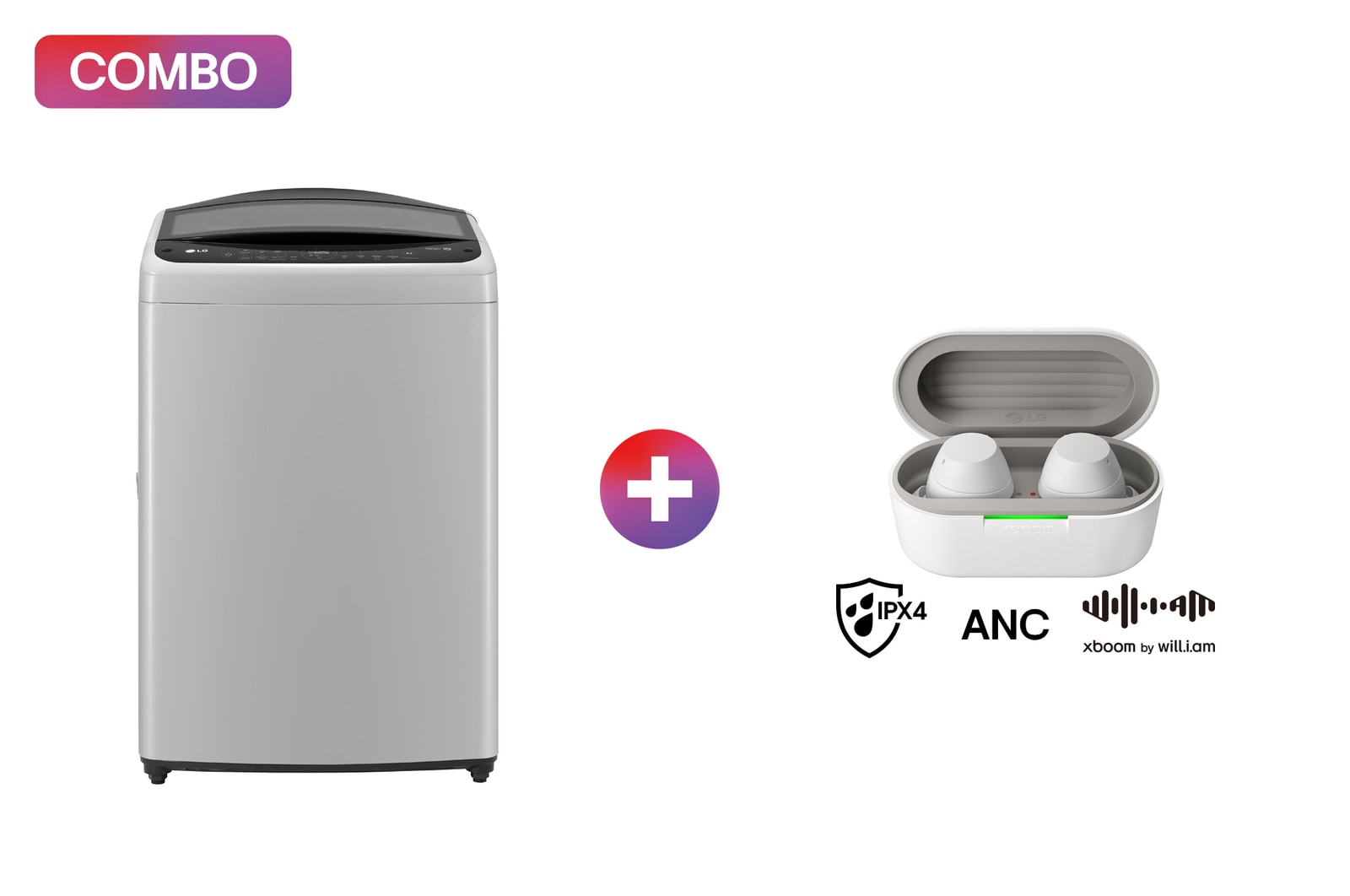 Vista frontal de Lavadora LG Carga Superior AI DD™ 18 kg + LG xboom Buds by will.i.am | Audífonos Bluetooth | xboom Signature Sound con driver de grafeno | Color Negro WT18DV6OB.BUDS