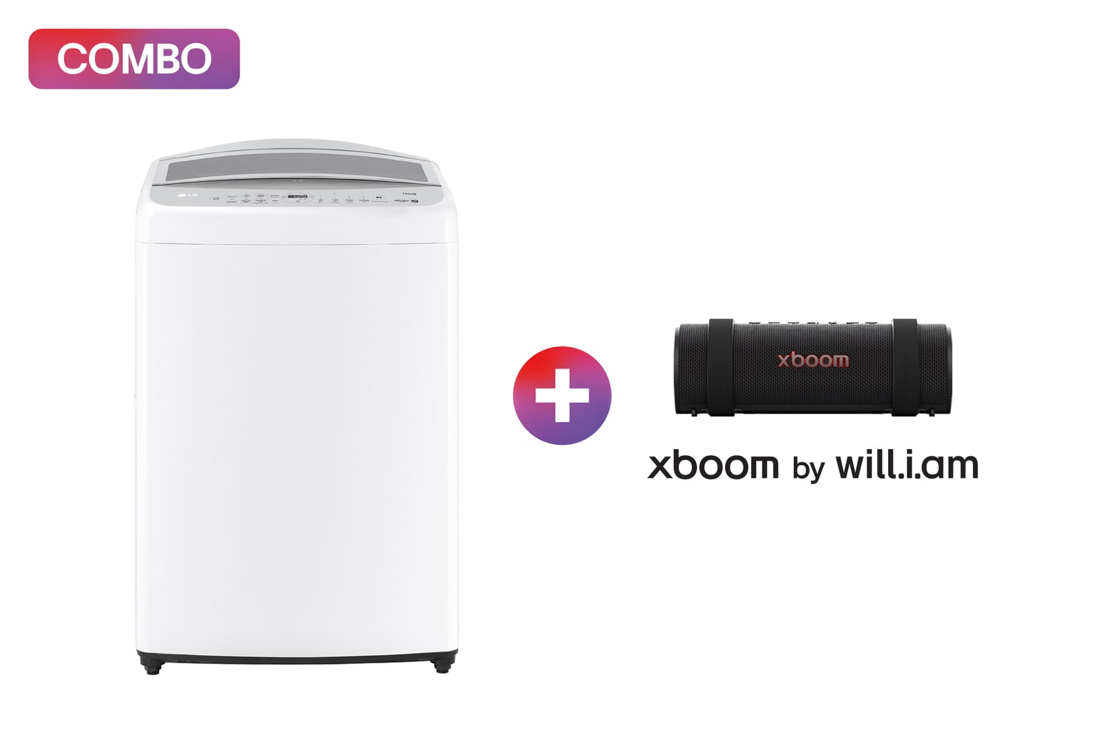 Vista frontal de Lavadora 21kg automática AI DD™ LG Carga Superior + LG xboom Grab by will.i.am | Bocina Bluetooth portátil | 30W | 20 horas de duración | IP67 | Resistencia militar | Negro WT21WV6OB.GRAB
