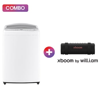 Vista frontal de Lavadora 21kg automática AI DD™ LG Carga Superior + LG xboom Grab by will.i.am | Bocina Bluetooth portátil | 30W | 20 horas de duración | IP67 | Resistencia militar | Negro WT21WV6OB.GRAB