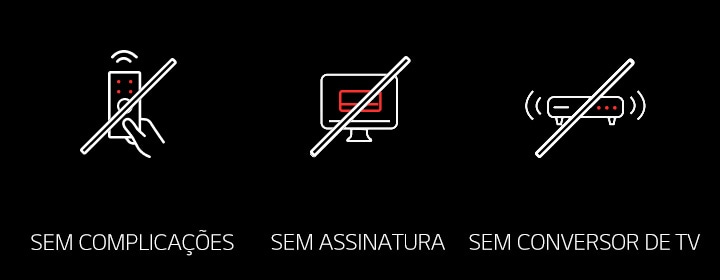 La imagen muestra tres íconos sobre un fondo negro: un control remoto tachado con la etiqueta «SIN COMPLICACIONES», una computadora tachada con la etiqueta «SIN SUSCRIPCIÓN» y un decodificador tachado con la etiqueta «SIN DECODIFICADOR»