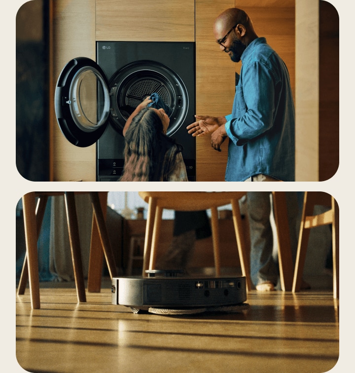 Un padre y su hija sacando la ropa de una LG WashTower AI abierta, junto a un LG Robot Vacuum limpiando el suelo debajo de una mesa de comedor.