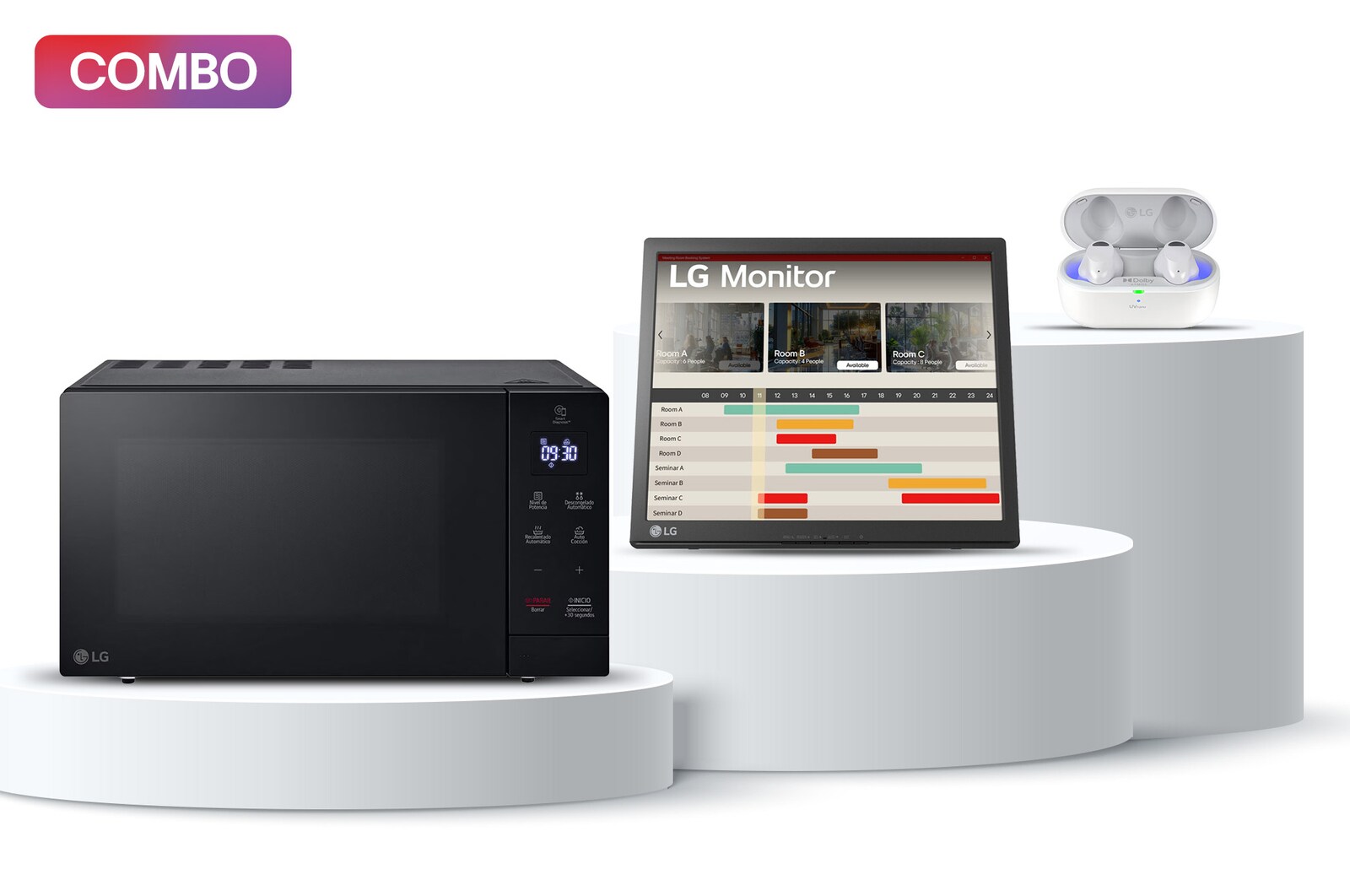 Vista frontal de Pantalla LG TN SXGA (1280x1024) de 17” 5:4 / Alimentación integrada / Ahorro de energía inteligente / Soporte con inclinación ajustable + Horno Microondas NeoChef™ 1.1 pies³ EasyClean + LG TONE Free T90S con Dolby Atmos y Dolby Head Tracking™ 17BRMS3032.T90S