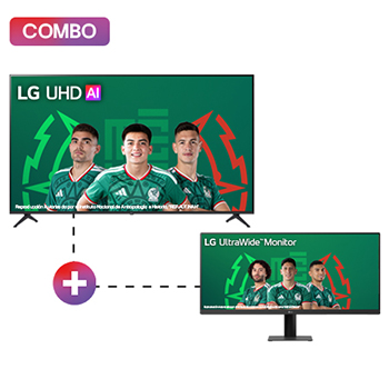 Vista frontal de Monitor LG UltraWide con pantalla IPS 21:9 WFHD (2560x1080) de 29 pulgadas + Pantalla 86 pulgadas LG UHD AI UA75 4K SMART TV 2025 29U511.86UA75