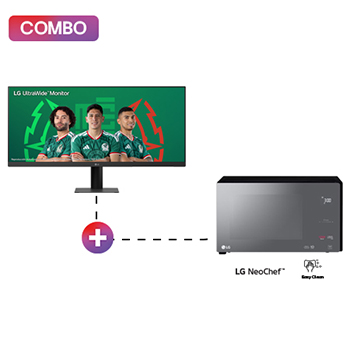 Vista frontal de Monitor LG UltraWide con pantalla IPS 21:9 WFHD (2560x1080) de 29 pulgadas + Horno Microondas NeoChef™ 1.5 pies³ EasyClean 29U511.MS1596