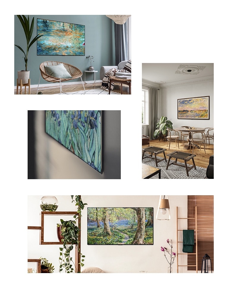 &quot;Un televisor que muestra un cuadro está colgado en la pared de una sala de estar con una silla, un sofá y una maceta. Un primer plano del borde de un televisor de diseño delgado que muestra una pintura. Un televisor que muestra un cuadro está colgado en la pared de una sala de estar con una mesa, sillas y una maceta. Un televisor que muestra un cuadro está colgado en la pared de una sala de estar con macetas y una escalera.&quot;