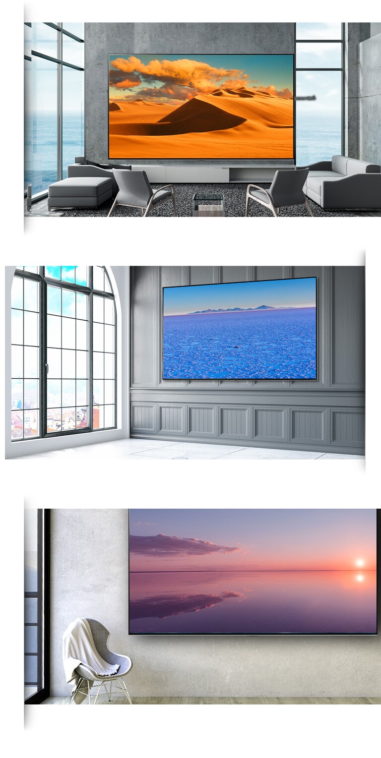 Tres imágenes de un televisor de pantalla plana grande montado contra la pared en distintos interiores modernos.