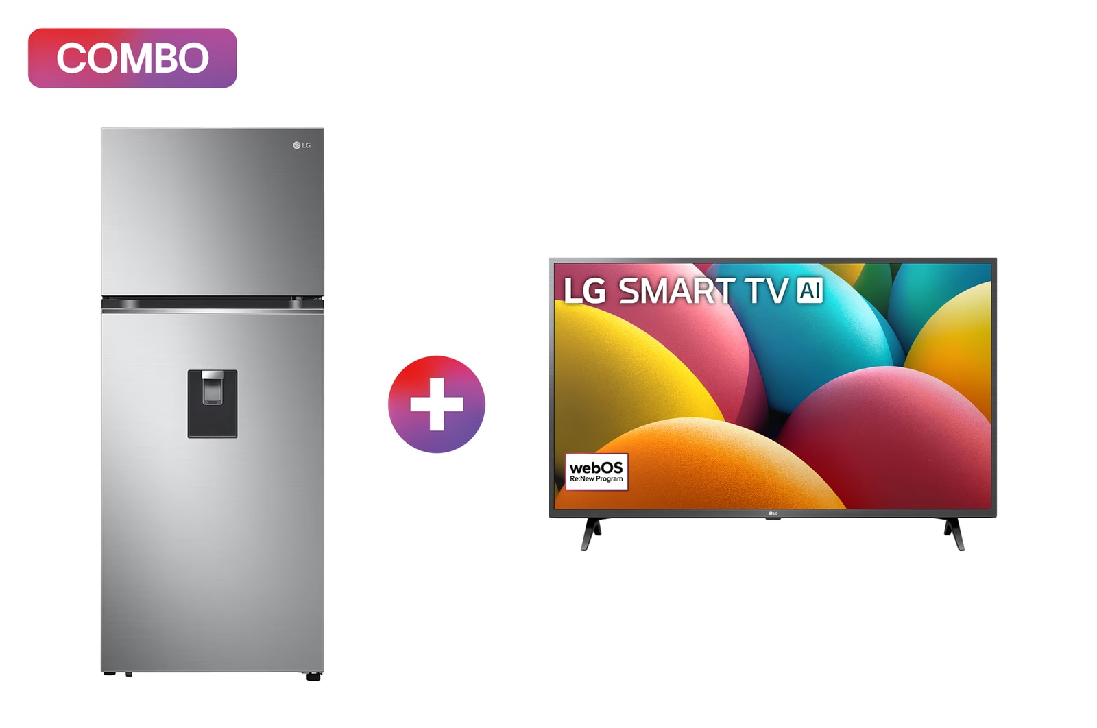 Vista frontal de Refrigerador Top Freezer 14 pies³ Inverter + Pantalla LG AI SMART TV 43 pulgadas webOS SMART TV 2024 con ThinQ AI 43LR67PSA VT40WPOB.43LR67