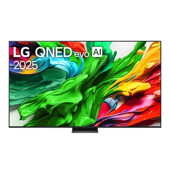 Vista de frente del TV LG QNED evo QNED86, logo de LG QNED evo Al en la esquina superior. El TV LG QNED evo QNED86 muestra texturas coloridas como una pintura que se combinan.