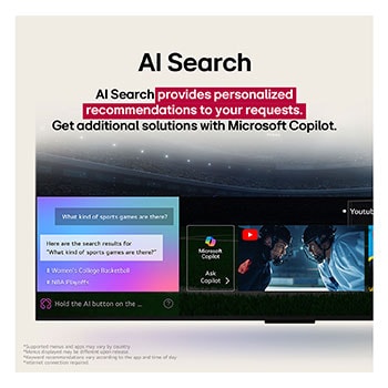 Un primer plano de la pantalla de una LG TV en la que se muestra cómo funciona AI Search. Hay una pequeña ventana de chat abierta que muestra cómo el usuario preguntó qué eventos deportivos están disponibles. AI Search respondió a través del chat y mostró imágenes en miniatura del contenido disponible. También hay un indicador para hacer preguntas a Microsoft Copilot. 