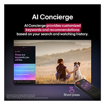 Un LG AI Magic Remote frente a la pantalla de una LG TV. En la pantalla, aparece un saludo personalizado de LG AI con palabras clave personalizadas basadas en el historial de búsquedas y visualizaciones del usuario. En el control remoto hay un ícono y una etiqueta en los que se indica que se puede acceder fácilmente a las funciones de AI Concierge con solo pulsar brevemente el botón de IA. 