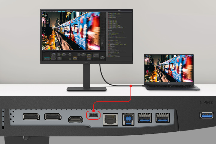 Imagen de una laptop y monitor conectados con un solo cable USB tipo C. 