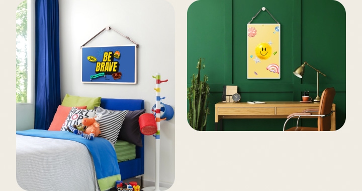 Diferentes espacios habitables con pantallas LG StanbyME 2 en la pared. El contenido de Art Posters está en las pantallas.