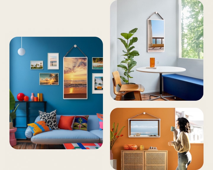 Diferentes espacios habitables con pantallas LG StanbyME 2 en la pared. Se muestran fotos de paisajes en las pantallas.