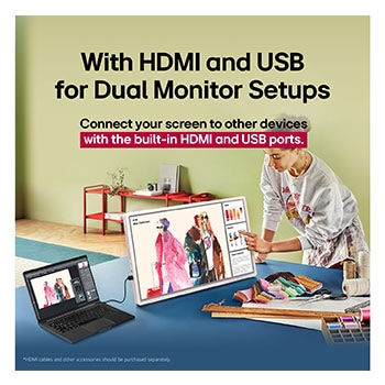 LG StanbyME 2. A hand interacting with the touch screen showing ease of use. The text talks about being able to connect your screen with other devices easily. 