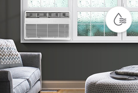 Aire acondicionado de ventana LG en modo Seco, en una habitación acogedora con lluvia visible en la ventana.