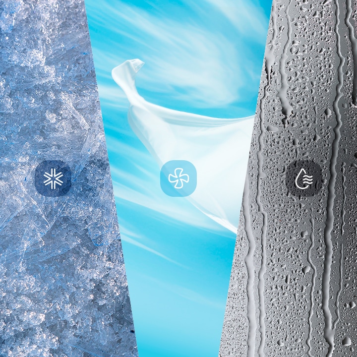 Ilustración de los modos de enfriamiento, ventilador y deshumidificación de un aire acondicionado de ventana LG, representada con hielo, flujo de aire y gotas de agua.