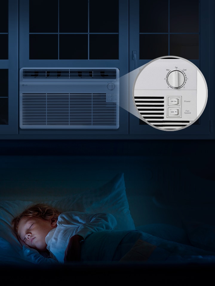 Aire acondicionado de ventana LG funcionando silenciosamente por la noche en un dormitorio, mostrando los modos de ahorro de energía y enfriamiento en la pantalla.