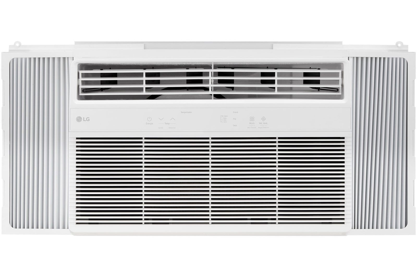 Wide front view of a window air conditioner with installed accessories